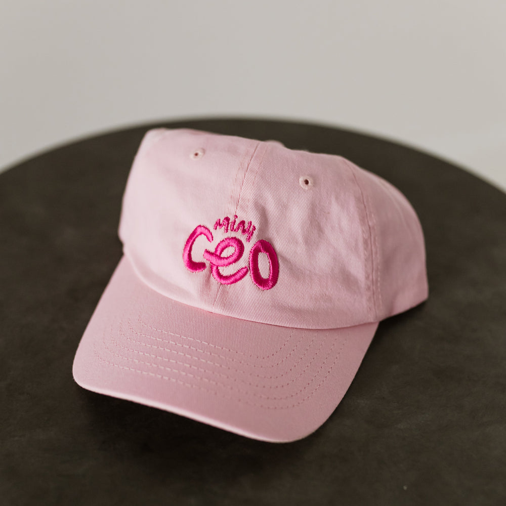light pink baseball cap for toddlers with MINI CEO embroidered in dark pink
