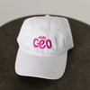 white baseball cap for toddlers with MINI CEO embroidered in dark pink
