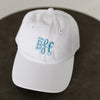 white baseball cap with light blue embroidered thread reading "Mini BFF" for toddlers