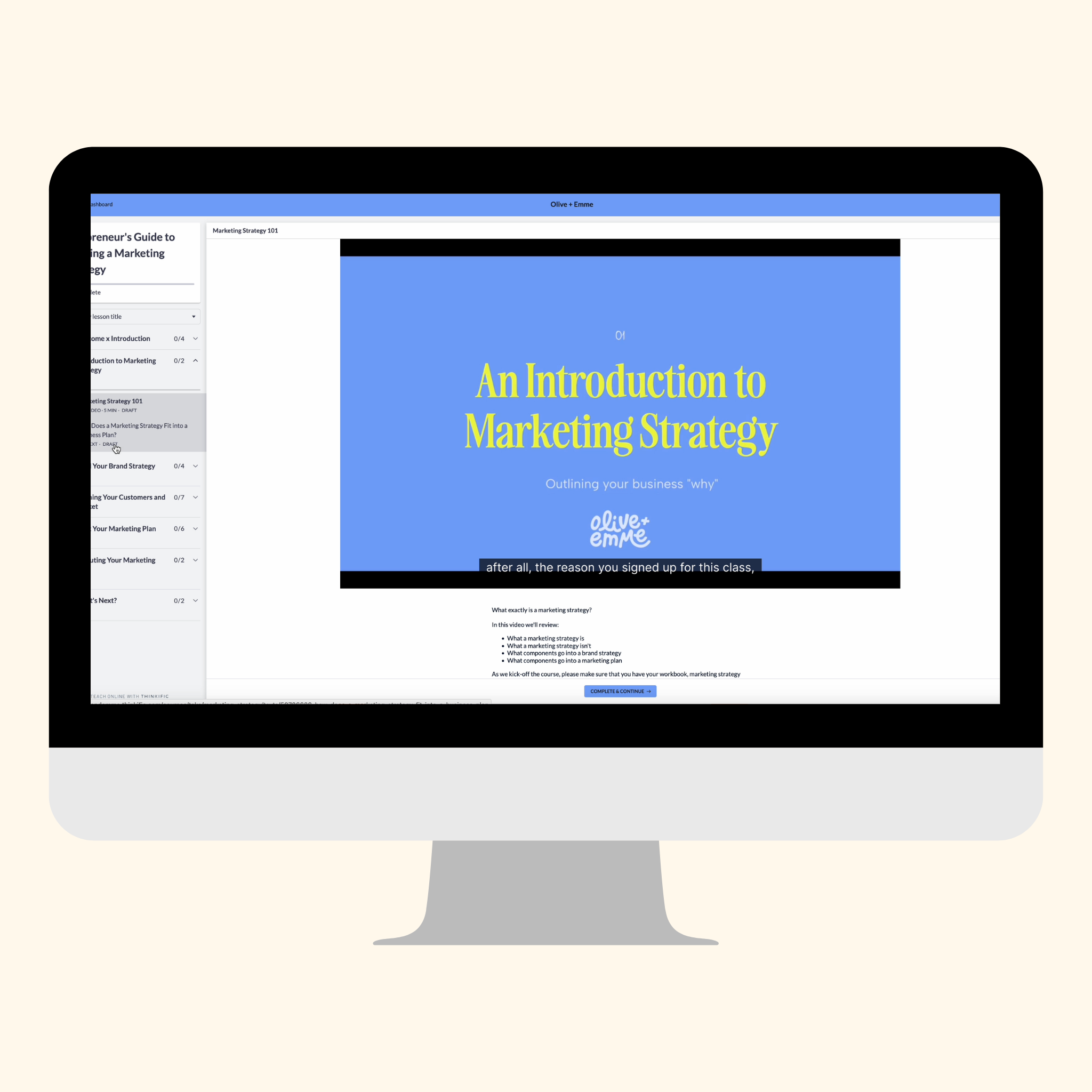Video scrolls through the thinkific course backend to show individuals what they can expect to learn and how to navigate the tool