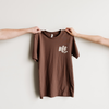 brown adult short-sleeve t-shirt with bff club screenprinted in ivory