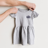 gray toddler dress with mini ceo screenprinted in navy