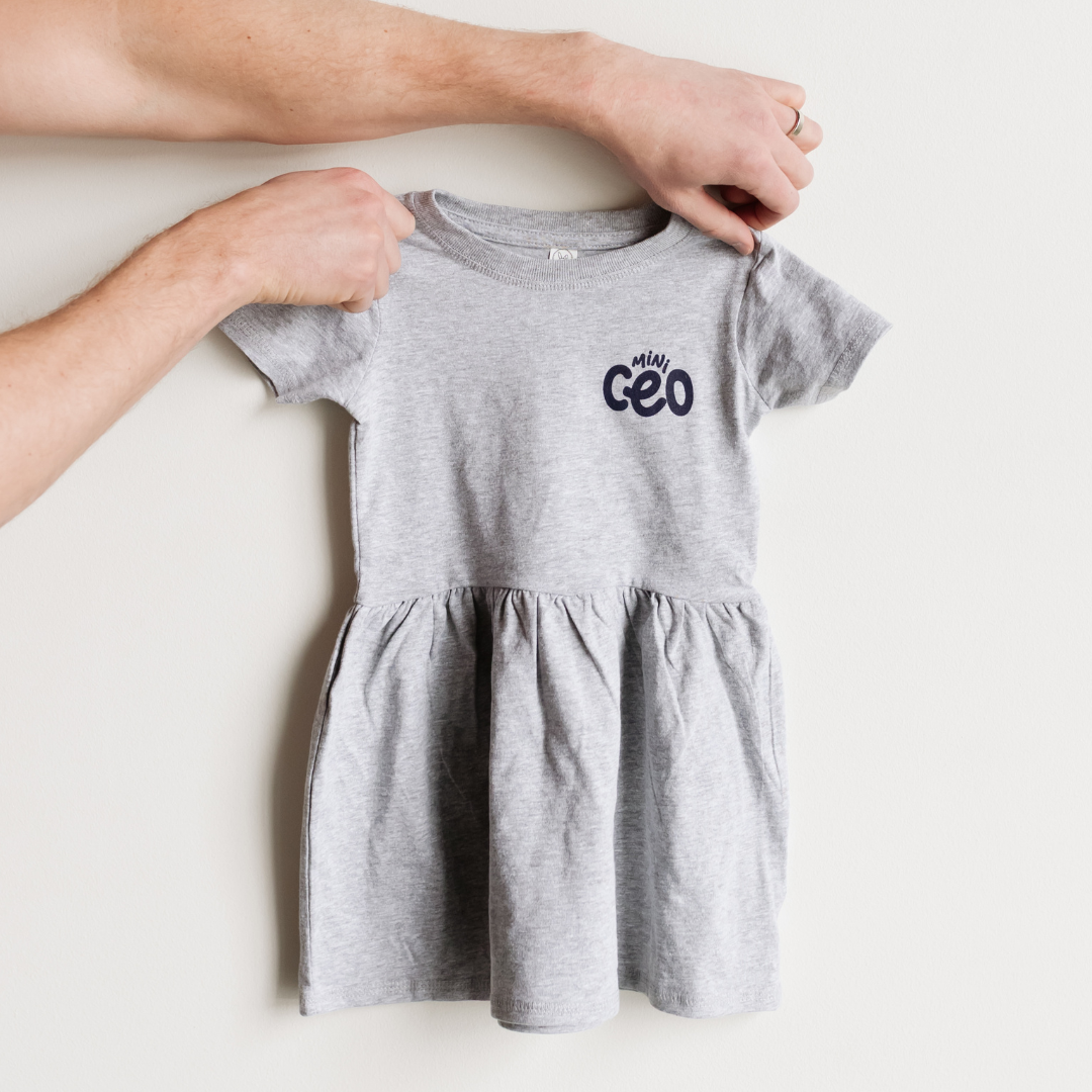 gray toddler dress with mini ceo screenprinted in navy