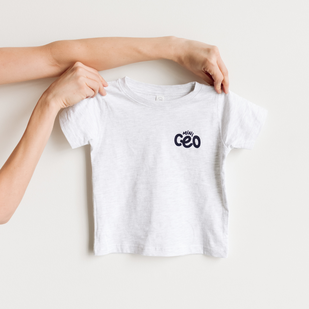 light gray toddler short-sleeve t-shirt with mini ceo screenprinted in navy