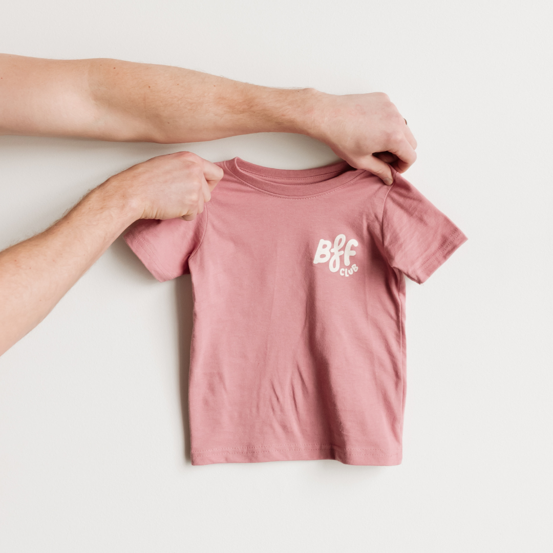 mauve short sleeve toddler t-shirt with bff club screenprinted in ivory