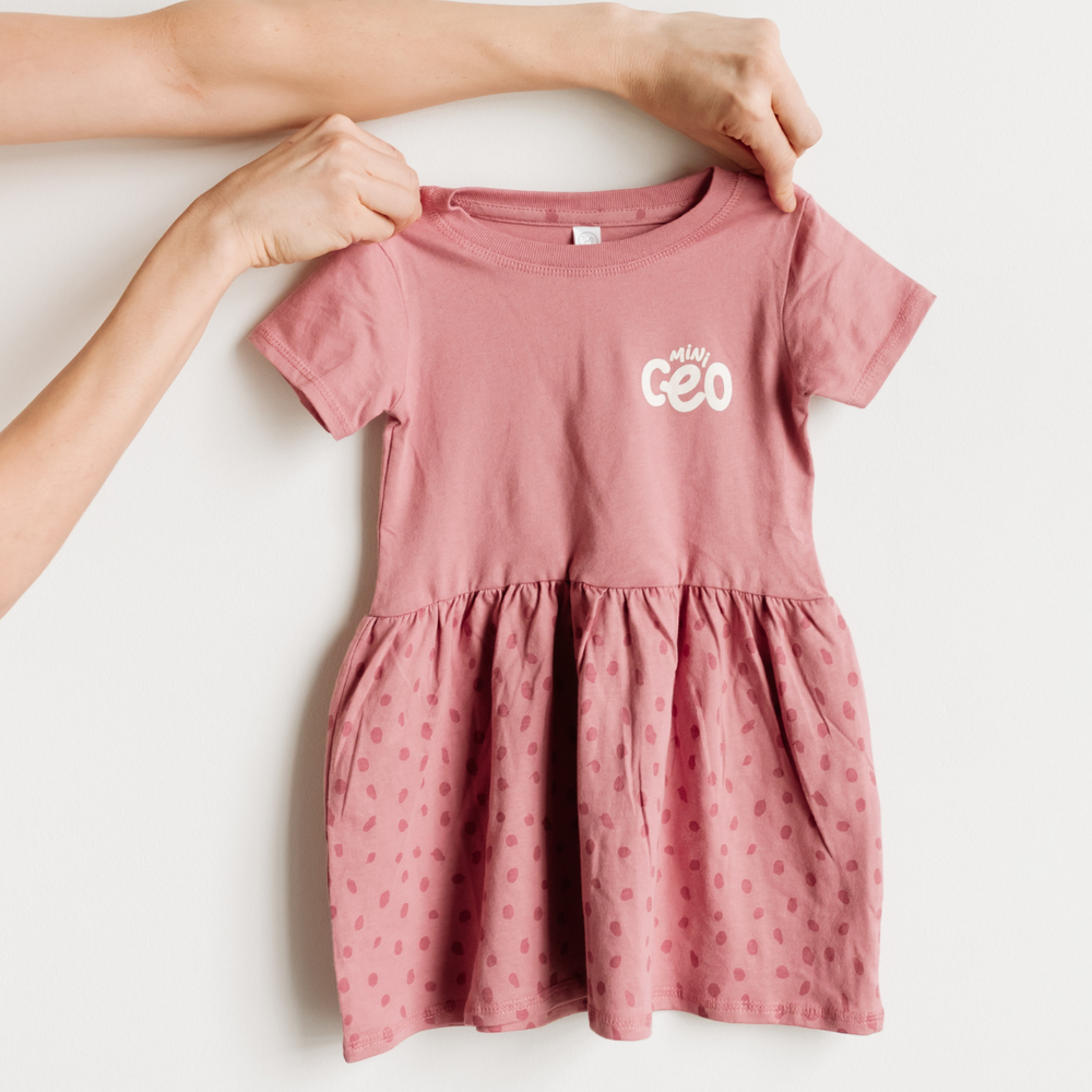 pink toddler dress with mini ceo screenprinted in ivory